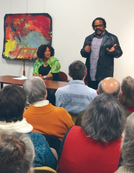 Festival of the Arts: Saffell Gardner introduces his artwork, based on his wife Marion Hayden?s music, for the opening of the Festival of the Arts at Artworks. Photo By: Eric Trandel | Photographer