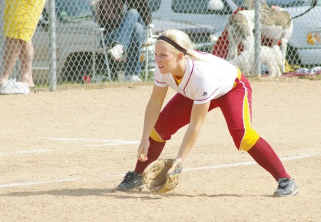 Softball: Ferris sophomore Makenzi Peterson stands ready at third base as a Northwood opponent steps up to bat at last week’s game. The Bulldogs lost 2-1 against the Timberwolves, but picked up two wins against Saginaw Valley and another against Wayne State this weekend. Photo By: Kristyn Sonnenberg | Photo Editor