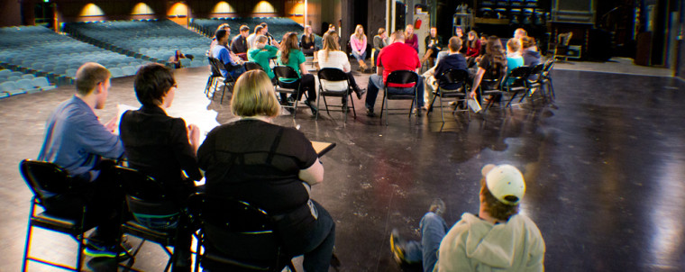 Students gather on the bitter cold night of Jan 27 in the Williams Auditorium to audition for the spring performance of Ajax in Iraq. This story deals with very serious subjects, including the current war in Iraq and today’s soldiers, especially the women in the military. The final performances will be April 3-6. Photo By: Eric Trandel | Photo Editor